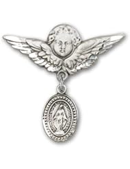 Sterling Silver Baby Badge with Miraculous Charm and Angel with Wings Badge Pin