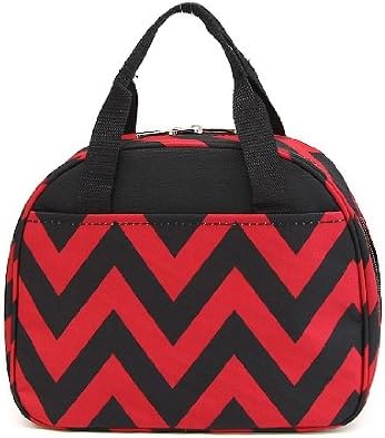 10" Chevron Microfiber Reusable Insulated Lunch Bag with Pockets (Black/Red)