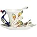 Green Elegant Handpainted Peacock Sculpted Decorative Porcelain Tea Coffee Cup and Saucer Set with Spoon