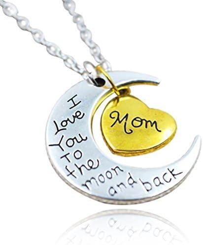 Gift for Mom - Two Toned Half Moon and Heart "Mom I Love You to the Moon and Back" Pendant Necklace, 18"