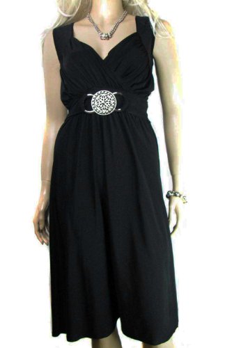 Ladies Jet Black Grecian Wrap Dress with silver Buckle in knee length or long Maxi Dress Length in Womens All Sizes