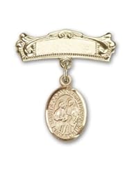 14K Gold Baby Badge with Sts. Cosmas & Damian Charm and Arched Polished Badge Pin