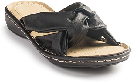 SANDALIQUE Womens "Lounger" Leather, Open Toe Slide Sandal Slipper With Classy Stiching Plus A FREE "SHOP USA" Brand Satin Eye Mask (8, Black)