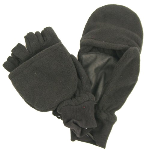 Boy's Sport Fleece Fingerless Gloves / Convertible Mittens-Black (Size 4- 7)