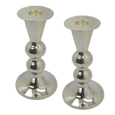 Shabbat Candle Sticks Holder Set. Brass with Silver Plated Finish. Contemporary Ball Shaped Design. Size: 6.25