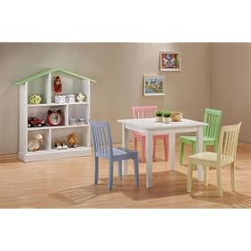 5pc Wood Children White Table w Multi Color Chairs Desk Set by visiondecor Furniture