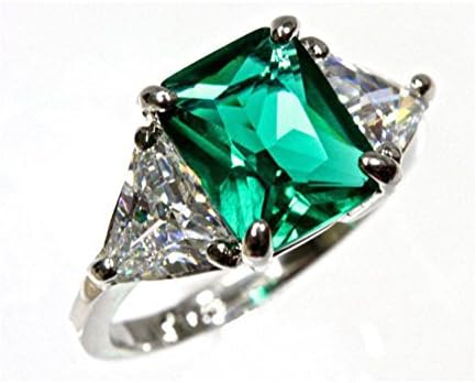 5 cttw 14k White Gold 3 Stone Green Emerald Trillion Cut Cubic Zirconia Engagement Ring (Sizes 4-10)