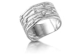14K White Gold Matte-Finish Hand-Crafted Designer Ring, Enhanced with Bezel Set Diamonds.