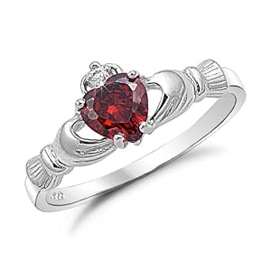 Sterling Silver Ruby Red Heart CZ Claddagh Ring, 4 by 