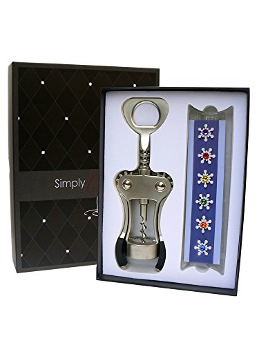 Wine Gift Set - Swarovski Crystal Snowflake Magnetic Glass Charms & Markers (Set of 6) Plus Corkscrew Opener