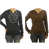 2 PACK: Womens Guess brown and black cotton fitted tops. 100% authentic Guess long sleeve shirt featuring the a unique jewel v-neck cutting on the collar and a large logo printed on front. Made with the finest stretchable cotton and sew on cotton tag for comfort. Great to wear for various casual occasions
