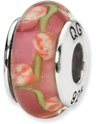 Sterling Silver s Pink Floral Hand-blown Glass Bead by Reflection Beads, Best Quality Free Gift Box Satisfaction Guaranteed