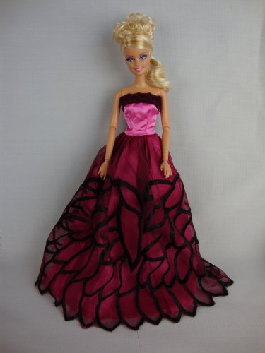 Bright Pink Ball Gown with Black Lace Details Made for the Barbie Doll