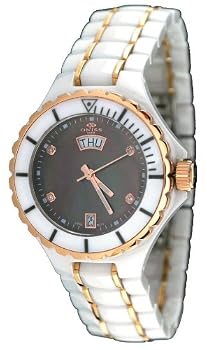 Oniss #ON8015-LDDRG8 Womens Midsize Rose Gold Trim White Ceramic Watch (Grey MOP Dial)