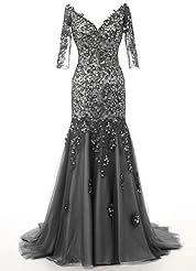 V-neck Elbow Length Sleeves Tulle  Applique Lace Mermaid Evening Dress/Prom Dress  With Rhinestones