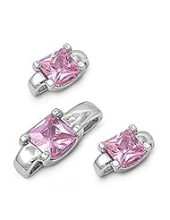 Sterling Silver Elegant Square Design Pendant and Earrings Jewelry Set with Pink CZ