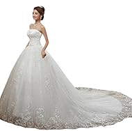 Strapless Lace-Up Beaded Applique Full Length Empire   Waistline Tulle Wedding Dress  with a Chapel Train 