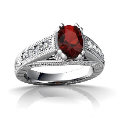 14K White Gold Oval Genuine Garnet Antique Style Ring