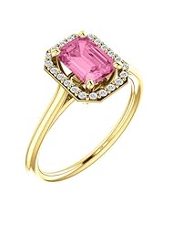 18K Yellow Gold 7.00x5.00mm Emerald Cut Chatham Created Pink Sapphire and Diamond Halo-Style Ring -- LIFETIME WARRANTY