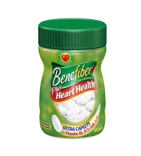 Benefiber Fiber Supplement, Plus Heart Health with B Vitamins & Folic Acid, Caplets, 60-Count Bottles (Pack of 2)
