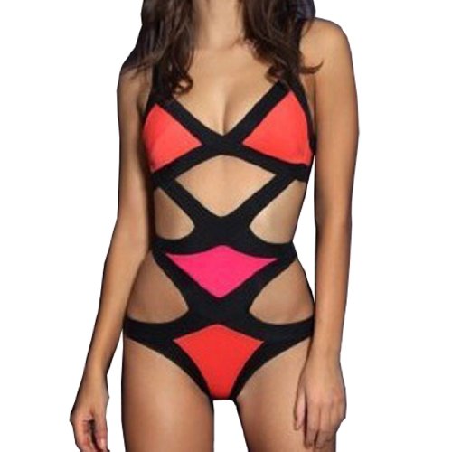 Meilun Women's Rayon Colorblock Bandage Swimsuit One Piece Bikini
