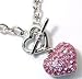 Designer Inspired Pink Crystal Puff Heart Charm Toggle Necklace - White Gold Plated