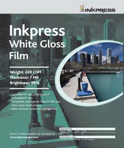 Inkpress Specialty Media, White Gloss Film- 7 Mil, 215 GSM, 92% Bright, 17 x 50, Roll