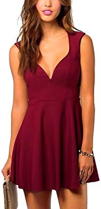 Ashmaq Women Sleeveless V Neck Back Cut Out Drape Handkerchief Shift Mini Dress Red