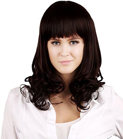Women's Curly Wavy Synthetic with Bangs Hair Wig Dark Brown + Wig Cap + Hair Clip