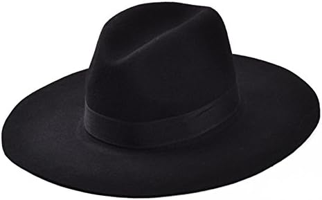 Women's Wide Brim Wool Felt Bowler Ribbon Fedora Hat (Black) F107