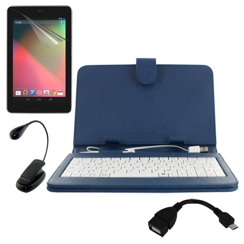 Skque Clear Anti-scratch Screen Protector + Blue Universal Leather Case Cover Stand with USB Keyboard + Micro USB OTG Cable Adapter + Clip-on Booking Light for Asus Google Nexus 7 Tablet