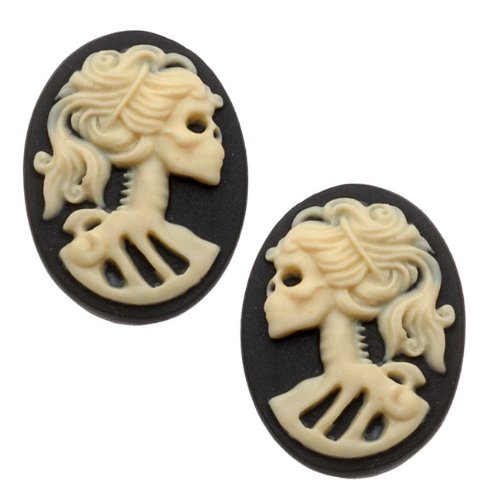 Lucite Oval Cameos - Black With Ivory Lolita Skeleton (Left & Right) - 2 Pairs
