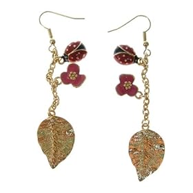 Disney Couture Jewelry - Leaf Drop Earrings w  Ladybug and Flower (Gold Plated)