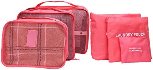 Super Compression Packing Cubes 6pcs Value Set for Travel Organizers-Waterproof Laundry Bag-Fine Mesh Luggage Organizer Bags Hong