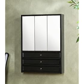Swivel Wall Mirror Jewelry Armoire with 3 Panel Design in Distressed Black Finish