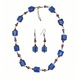Necklace - Earrings Set - N497 - Murano & Glass Beads + Matching Earrings ~ Blue Squares