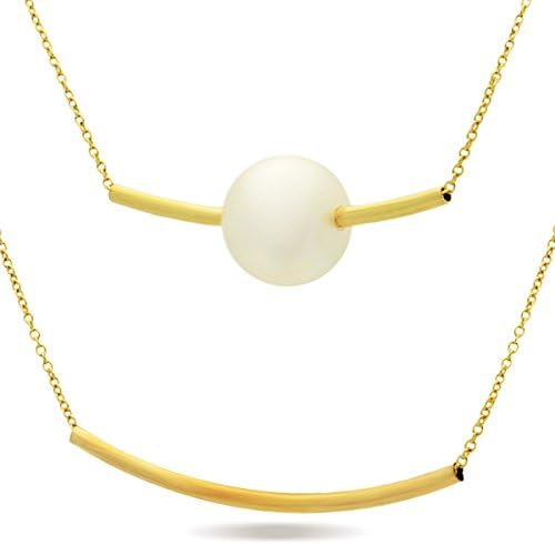 Minimalist Double Layered Bar Necklace, Gold Toned Delicate Faux Pearl Pendant, Delicate Gold Bar Gold Tube Necklace