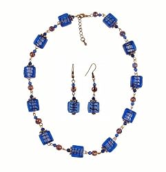Necklace - Earrings Set - N497 - Murano & Glass Beads + Matching Earrings ~ Blue Squares