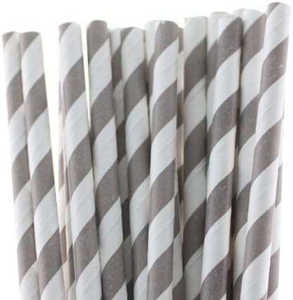 Stripe Paper Straws,100% Biodegradable Paper Drinking Straws - Wedding Party Birthday Baby Shower 7.75" Pack of 25 (Grey Stripe Pattern)
