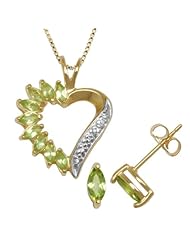 18k Yellow Gold Plated Genuine Peridot Heart Pendant and Earrings Set, 18"