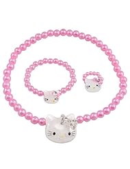 World Pride Kitty Faux Pearl Charm Bead Ring Bracelet Necklace Jewelry Set for Kids