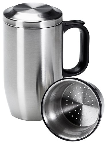 Isosteel VA-9565 Tee-Isolierbecher 0,4 L aus doppelwandigem 18/8 Edelstahl mit Siebeinsatz, Deckel und Anti-Rutsch-Boden