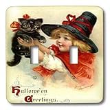 Taiche - Vintage Poster - Halloween - Halloween Greetings - cat, cute, girl, costume, halloween, trick or treat, witch - Light Switch Covers - double toggle switch