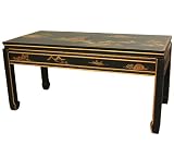 Refined Unique Oriental Decor - 38 Ming Black Lacquer Coffee Table w/ Riverside Pagoda Design
