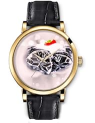 SPRAWL Aanalog Fashion Series Gold Ladies Watches of Genuine Black Leather Strap,Unique Wrist Watch for Women Girls Designed with Strawberries wrapped in a scarf