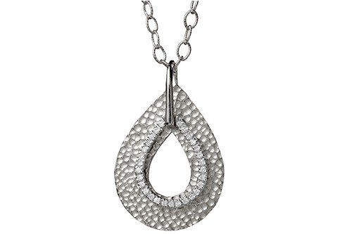 14K White Gold Hammered-Finish Sliding Tear-Drop Pendant, Enhanced with Pave Set Diamonds, Set on a 16 Oval Open-Link Necklace.