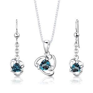 Revoni Sterling Silver 2.75 carats total weight Trillion Cut London Blue Topaz Pendant Earrings and 46 CM Length Silver Necklace Set