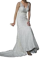 V-neck Sheath Spaghetti Strap Lace Open-Back Natural   Waistline Wedding Dress 
