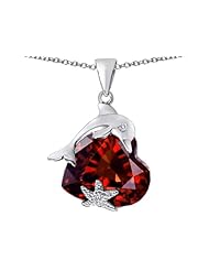Original Star K (tm) Lucky Dolphin and StarFish Pendant with Heart Shape Simulated Garnet in 925 Sterling Silver