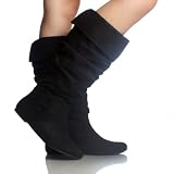 Black-Suede Slouch Scrunch Pull On Women's Flat Mid-Calf Boots